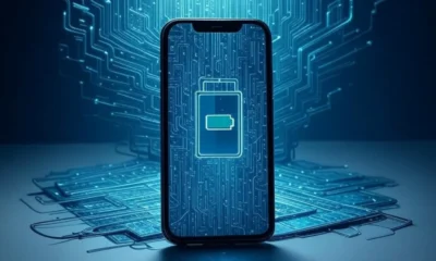 An iPhone displaying a smart battery icon with futuristic circuitry background, symbolizing Apple's AI-powered battery optimization technology.