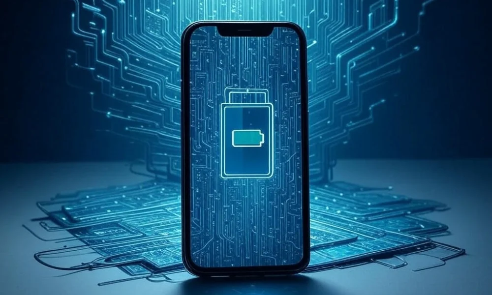 An iPhone displaying a smart battery icon with futuristic circuitry background, symbolizing Apple's AI-powered battery optimization technology.