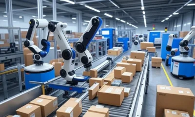 A futuristic warehouse with advanced robots autonomously sorting and packaging items on conveyor belts, showcasing efficient automated sorting and packaging technology with minimal human intervention.