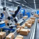A futuristic warehouse with advanced robots autonomously sorting and packaging items on conveyor belts, showcasing efficient automated sorting and packaging technology with minimal human intervention.