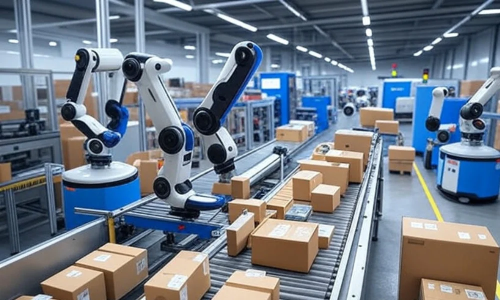A futuristic warehouse with advanced robots autonomously sorting and packaging items on conveyor belts, showcasing efficient automated sorting and packaging technology with minimal human intervention.
