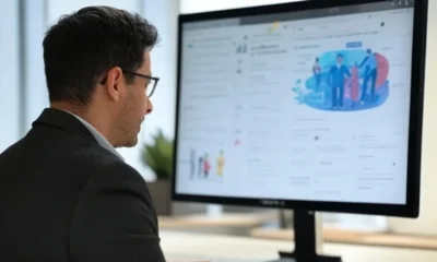 A professional working on a computer displaying digital marketing tools with AI, featuring Meta's branding and dynamic ad testing analytics in a modern office setting.