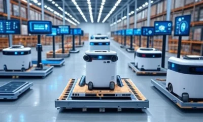 Futuristic warehouse utilizing digital twin technology, showcasing robots, IoT sensors, and real-time data interfaces for enhanced warehouse efficiency.