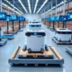 Futuristic warehouse utilizing digital twin technology, showcasing robots, IoT sensors, and real-time data interfaces for enhanced warehouse efficiency.