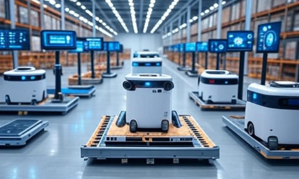 Futuristic warehouse utilizing digital twin technology, showcasing robots, IoT sensors, and real-time data interfaces for enhanced warehouse efficiency.