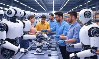 Futuristic warehouse with AI robots and AMRs working alongside humans for picking, sorting, and inventory management.