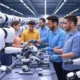 Futuristic warehouse with AI robots and AMRs working alongside humans for picking, sorting, and inventory management.