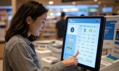 A shopper using a futuristic AI-powered checkout system with Mastercard technology, featuring a touch screen interface in a modern retail environment, showcasing seamless and secure payment processing.