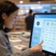 A shopper using a futuristic AI-powered checkout system with Mastercard technology, featuring a touch screen interface in a modern retail environment, showcasing seamless and secure payment processing.