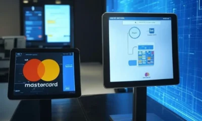 Futuristic Mastercard AI-powered digital payment checkout system with smart interface