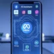 Meta AI Assistant app interface featuring integrated icons of Facebook, Instagram, and WhatsApp, displayed on a smartphone against a futuristic blue digital background with a scenic horizon.