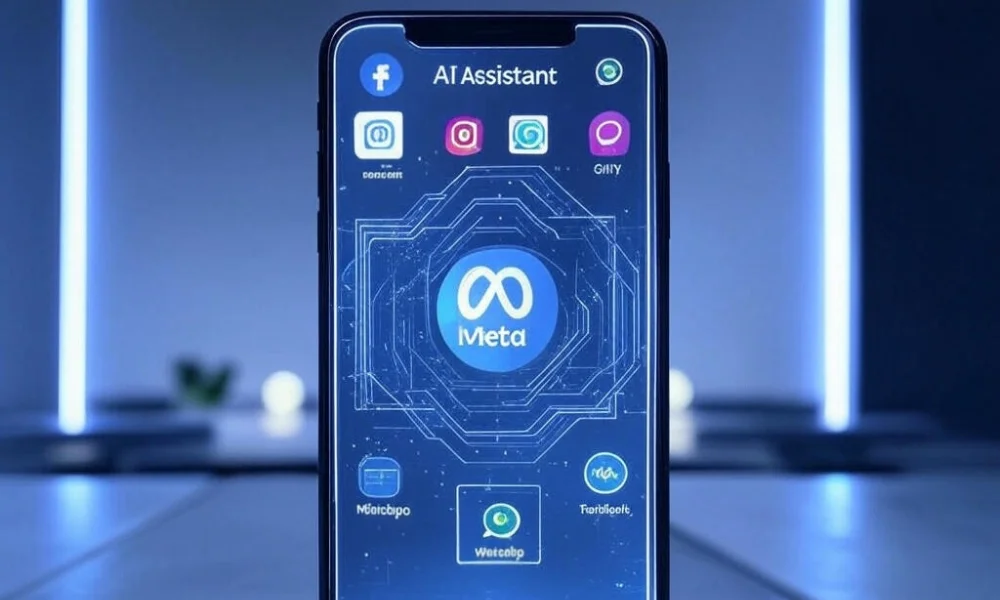 Meta AI Assistant app interface featuring integrated icons of Facebook, Instagram, and WhatsApp, displayed on a smartphone against a futuristic blue digital background with a scenic horizon.