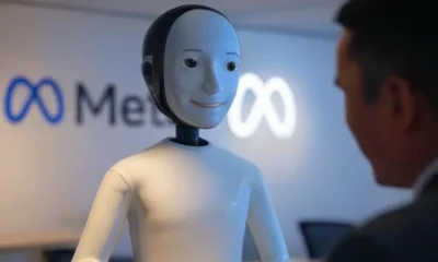 Meta AI assistant interacting with a user in a modern workplace, featuring the Meta logo in the background, symbolizing seamless integration across social media platforms like Facebook, WhatsApp, and Instagram.