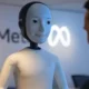 Meta AI assistant interacting with a user in a modern workplace, featuring the Meta logo in the background, symbolizing seamless integration across social media platforms like Facebook, WhatsApp, and Instagram.