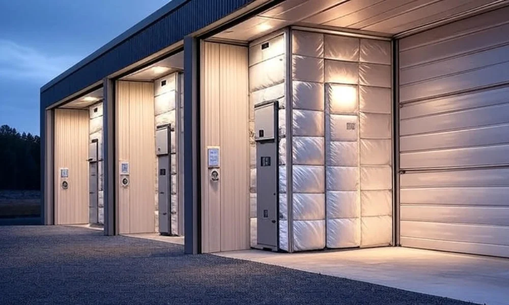 A modern cold storage facility illuminated at dusk, featuring large glass windows and multiple loading docks, with AI-powered sensors and dashboards monitoring temperature and inventory to ensure the safe storage of perishable goods like food, medicines, and flowers.