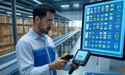 A modern warehouse with workers using cloud-based WMS (Warehouse Management System) featuring real-time dashboards and barcode scanners for efficient supply chain operations and smart technology integration.
