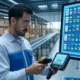 A modern warehouse with workers using cloud-based WMS (Warehouse Management System) featuring real-time dashboards and barcode scanners for efficient supply chain operations and smart technology integration.