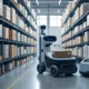 Modern warehouse with edge computing technology featuring robots and automated guided vehicles managing real-time inventory tracking, surrounded by shelves of packages and smart sensors.