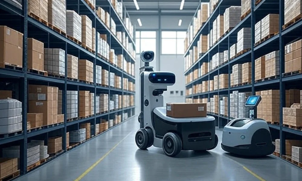 Modern warehouse with edge computing technology featuring robots and automated guided vehicles managing real-time inventory tracking, surrounded by shelves of packages and smart sensors.
