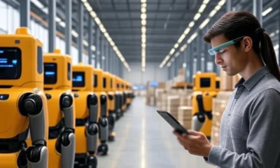 Worker in a modern warehouse using smart glasses to manage order picking with machine learning robots.