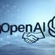 A vibrant neon illustration of a handshake symbolizing the OpenAI and Microsoft partnership renegotiation, with their logos intertwined and a futuristic cityscape in the background, representing AI innovation.