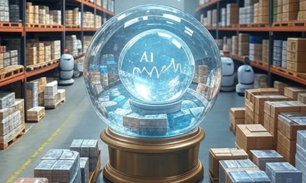 Surrounded by shelves of inventory and robots, symbolizing efficient demand prediction and inventory management.