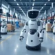 A high-tech smart warehouse featuring AI-powered robots and 5G integration, showcasing efficient operations with real-time data updates, seamless communication, and automated systems for improved speed, safety, and reduced errors.