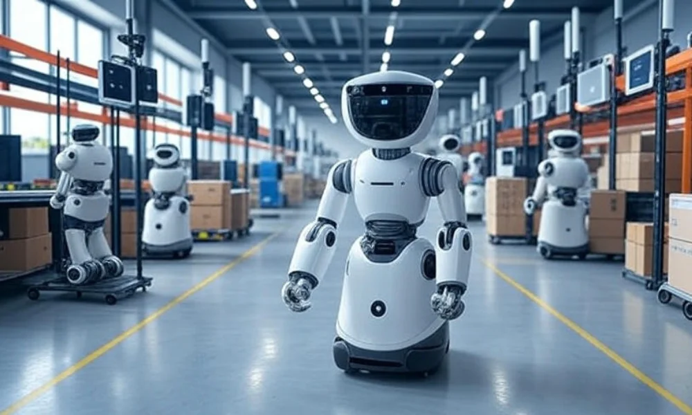 A high-tech smart warehouse featuring AI-powered robots and 5G integration, showcasing efficient operations with real-time data updates, seamless communication, and automated systems for improved speed, safety, and reduced errors.