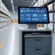 A modern smart warehouse with an IoT inventory system, featuring a central touchscreen displaying real-time data, surrounded by neatly organized shelves and pallets.