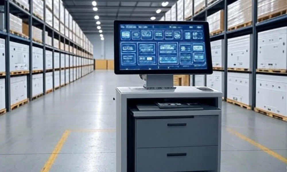A modern smart warehouse with an IoT inventory system, featuring a central touchscreen displaying real-time data, surrounded by neatly organized shelves and pallets.