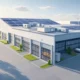 Modern smart warehouse in 2025 featuring solar panels, drones, and electric vehicles for efficient logistics and supply chain management.