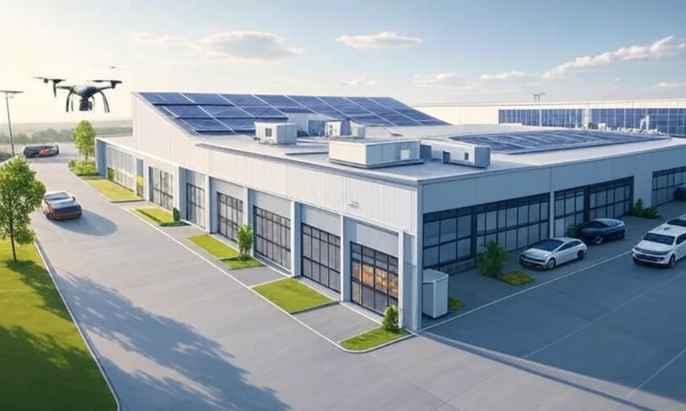 Modern smart warehouse in 2025 featuring solar panels, drones, and electric vehicles for efficient logistics and supply chain management.