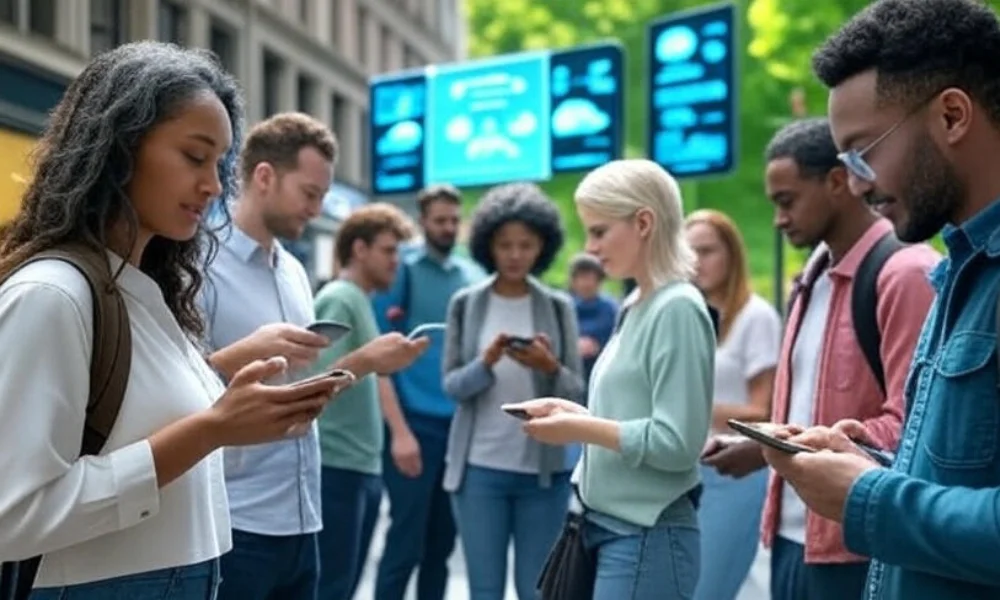 A diverse group of people using smartphones in a modern urban setting, showcasing technology improving daily life with apps for shopping, healthcare, and smart city management.