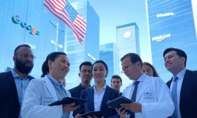 Group of professionals from healthcare, finance, and tech sectors discussing AI innovation in a modern U.S. cityscape, with American flag and Big Tech logos like Google and Amazon in the background.