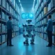 Warehouse automation AI with robots and workers collaborating seamlessly in a high-tech environment, featuring autonomous mobile robots, AI interfaces, and shelves stocked with goods, showcasing efficient teamwork in a modern warehouse setting.
