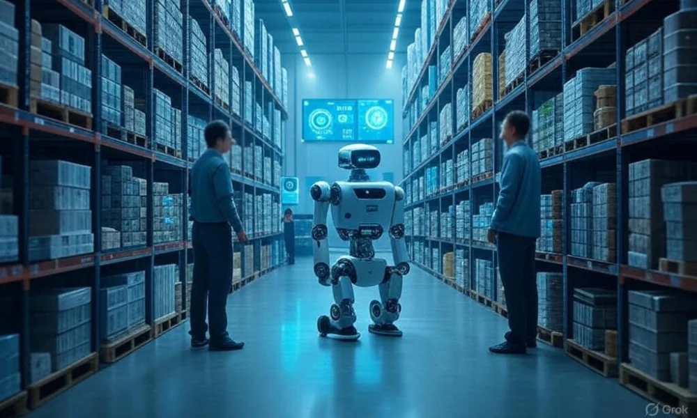 Warehouse automation AI with robots and workers collaborating seamlessly in a high-tech environment, featuring autonomous mobile robots, AI interfaces, and shelves stocked with goods, showcasing efficient teamwork in a modern warehouse setting.