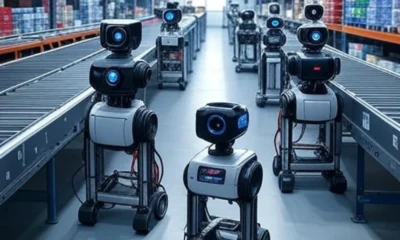 Modern warehouse with robots using computer vision for inventory tracking
