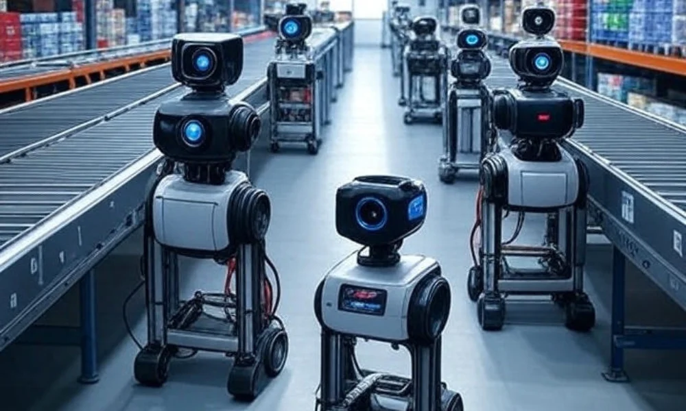 Modern warehouse with robots using computer vision for inventory tracking