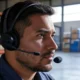 Warehouse worker wearing headset using NLP-powered voice-directed system in modern warehouse.