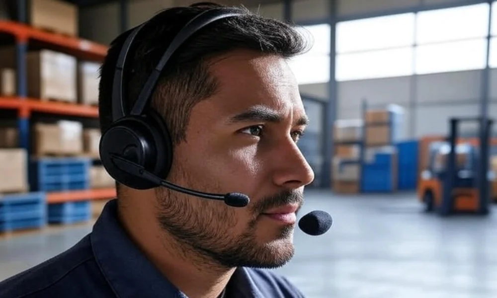 Warehouse worker wearing headset using NLP-powered voice-directed system in modern warehouse.