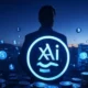 A futuristic digital landscape featuring the xAI logo illuminated in neon blue, surrounded by stacks of coins and floating dollar signs symbolizing the $20 billion funding, with a silhouette of Elon Musk overseeing the scene, representing AI innovation and social media integration.
