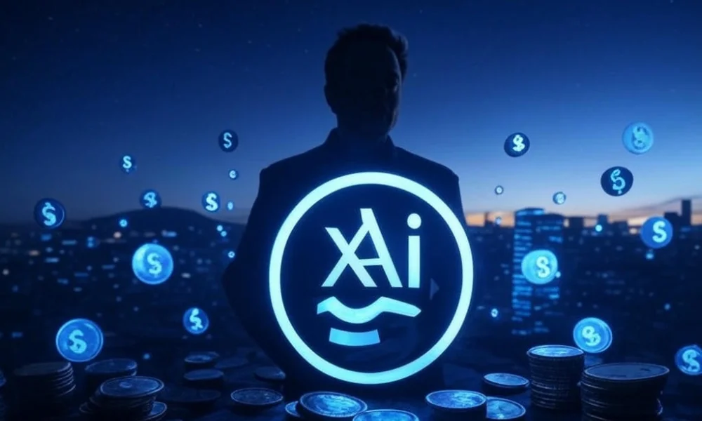A futuristic digital landscape featuring the xAI logo illuminated in neon blue, surrounded by stacks of coins and floating dollar signs symbolizing the $20 billion funding, with a silhouette of Elon Musk overseeing the scene, representing AI innovation and social media integration.