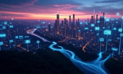 Digital landscape with glowing blue data streams and a secure lock symbol, representing AI data privacy and security against a futuristic city skyline at dusk.