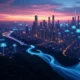 Digital landscape with glowing blue data streams and a secure lock symbol, representing AI data privacy and security against a futuristic city skyline at dusk.