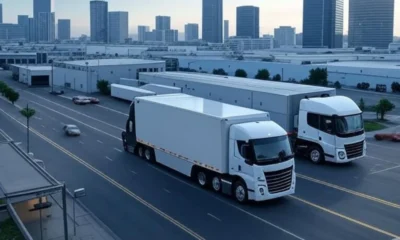 A high-resolution landscape image showcasing AI logistics route optimization with modern delivery trucks navigating a bustling cityscape, featuring real-time traffic and weather adaptation, efficient last-mile delivery, and eco-friendly fleet management.