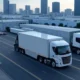A high-resolution landscape image showcasing AI logistics route optimization with modern delivery trucks navigating a bustling cityscape, featuring real-time traffic and weather adaptation, efficient last-mile delivery, and eco-friendly fleet management.