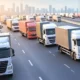 The scene highlights reduced traffic, clear roads, and timely deliveries, with overlays of real-time data showing fuel savings and advanced technology like machine learning and telematics integration.