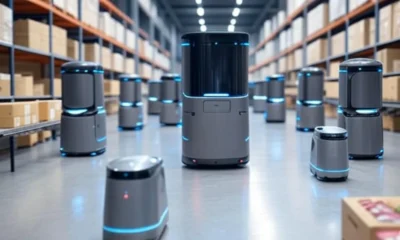 A futuristic 2030 warehouse with AI-powered robots efficiently managing inventory and delivery, featuring sustainable, energy-efficient systems and modular design, highlighting speed and innovation in modern warehousing.