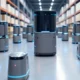 A futuristic 2030 warehouse with AI-powered robots efficiently managing inventory and delivery, featuring sustainable, energy-efficient systems and modular design, highlighting speed and innovation in modern warehousing.