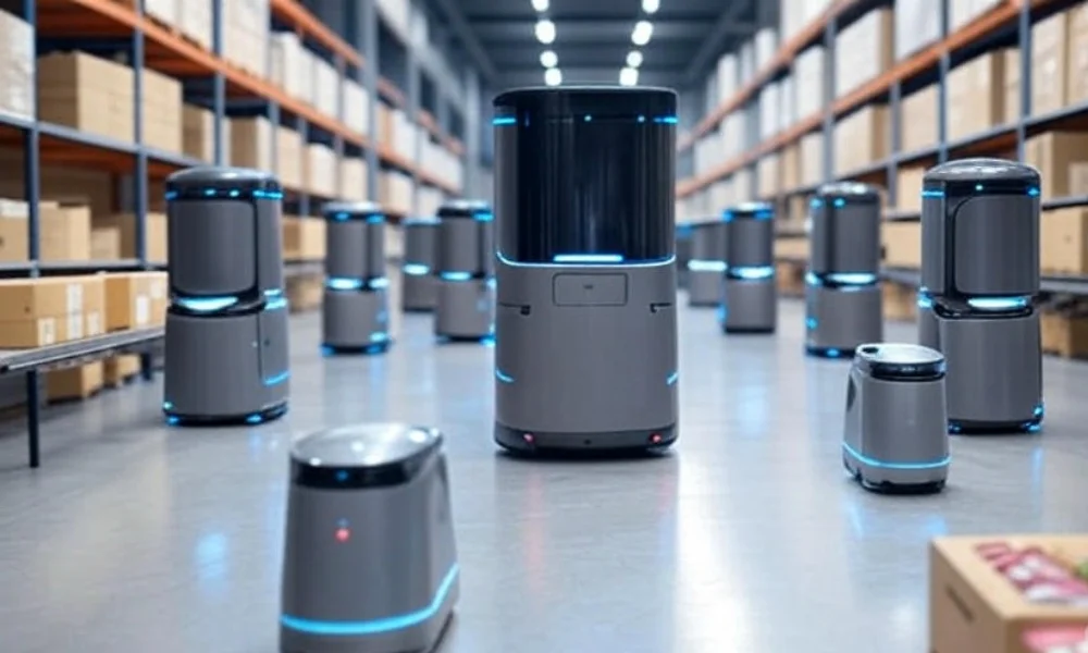 A futuristic 2030 warehouse with AI-powered robots efficiently managing inventory and delivery, featuring sustainable, energy-efficient systems and modular design, highlighting speed and innovation in modern warehousing.